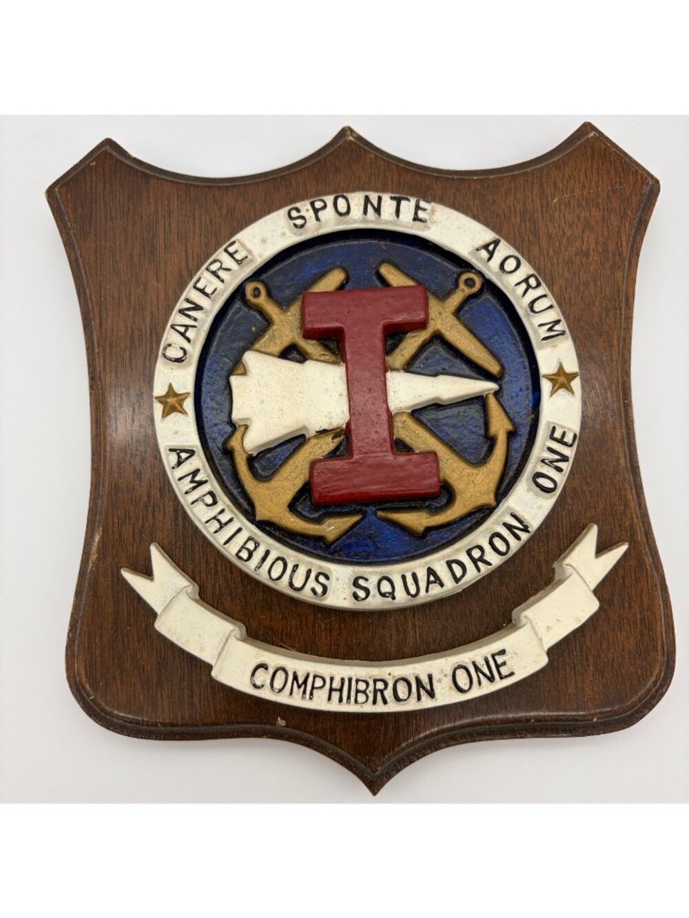 Vintage US Navy Amphibious Squadron One Wooden Wall Plaque Military Crest Emblem